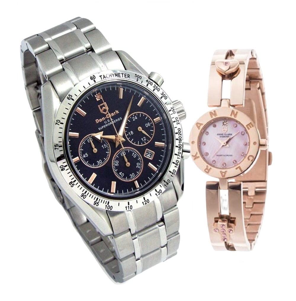 Pair Watch Don Clark Watch High Performance Domestic Made In Japan Chronograph ANNE Clark Watch Pink Gold Moving Stone Bracelet Set of 2 Easy Belt