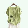 Women Fashion Floral Print Short Sleeve T-shirt Summer Casual Round Collar Cotton Linen Top Pullover Loose Blouses
