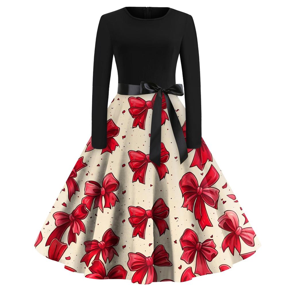 Женское платье с круглым вырезом и большим подолом, плиссированная юбка с длинными рукавами, платье