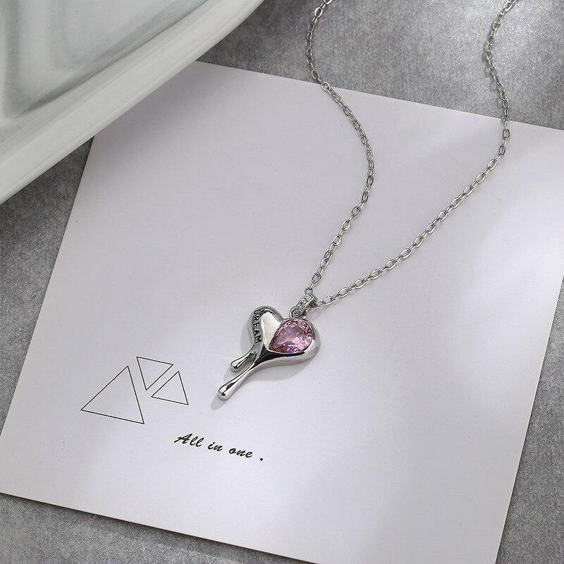 Melting Heart Necklace Retro High Sense Irregular Pink Zircon Letters Love Heart Clavicle Chain Girl Gift for Girlfriend