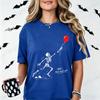 Sarcastic Well Shit Skeleton Holding Red Balloon T-shirt Women Halloween Funny Skull Print Crew Neck Casual Short Sleeve Tops