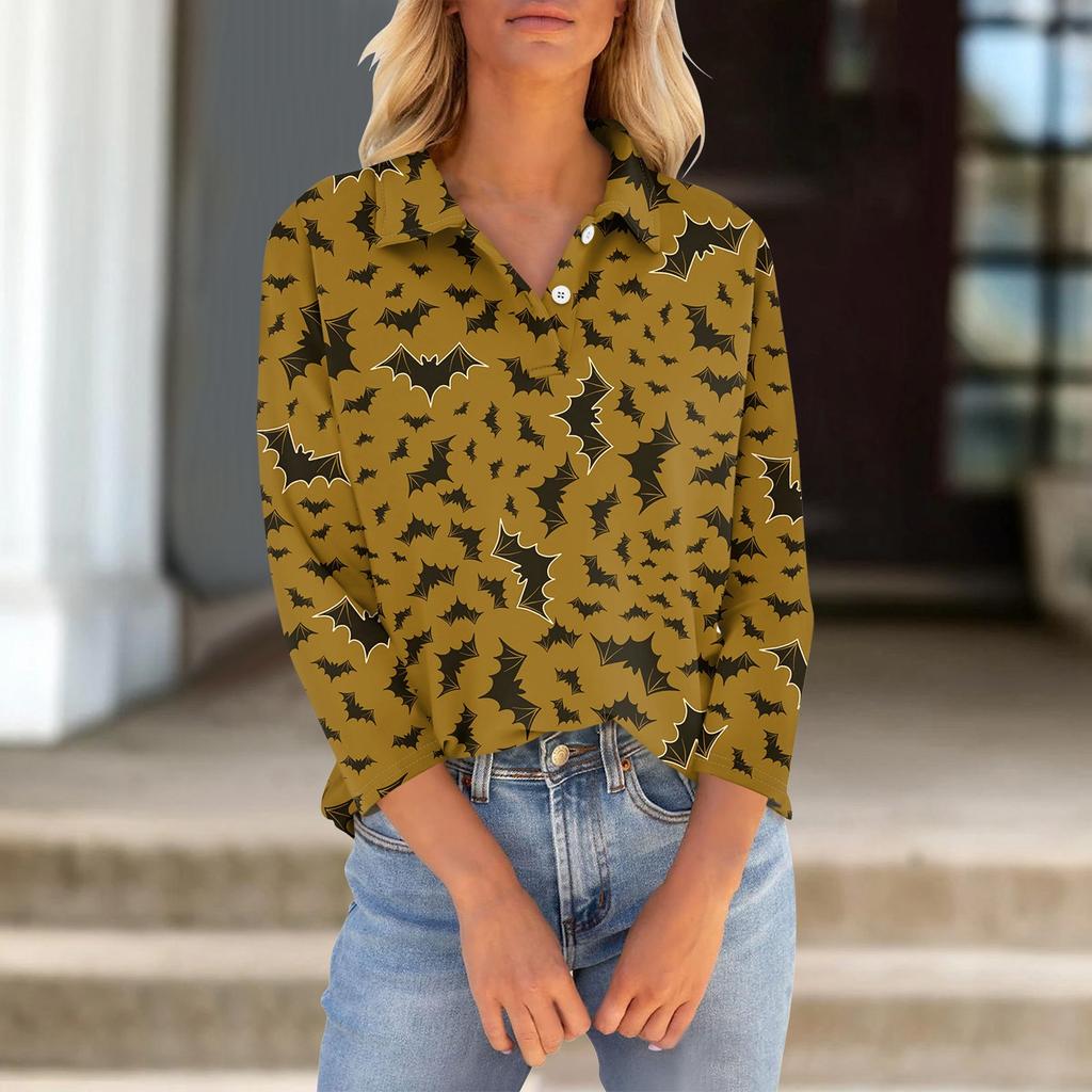 Women's Seven Quarter Sleeved T-shirt V-neck Button Up Shirt With Printed Loose Top For Halloween