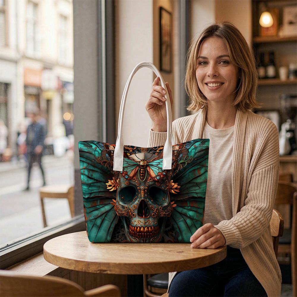 Gothic Skull Butterfly Print Shoulder Bag Casual Daily Use Large Capacity Tote Bag