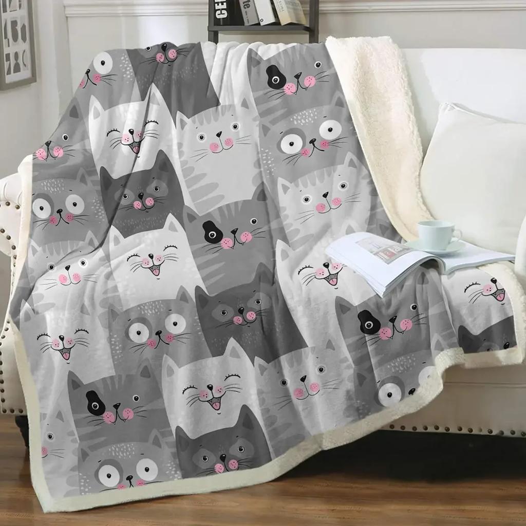 Grey and White Cats Blanket Plush Sherpa Flannel Throw Blanket for Couch Sofa Super Soft Bedroom TV Throw