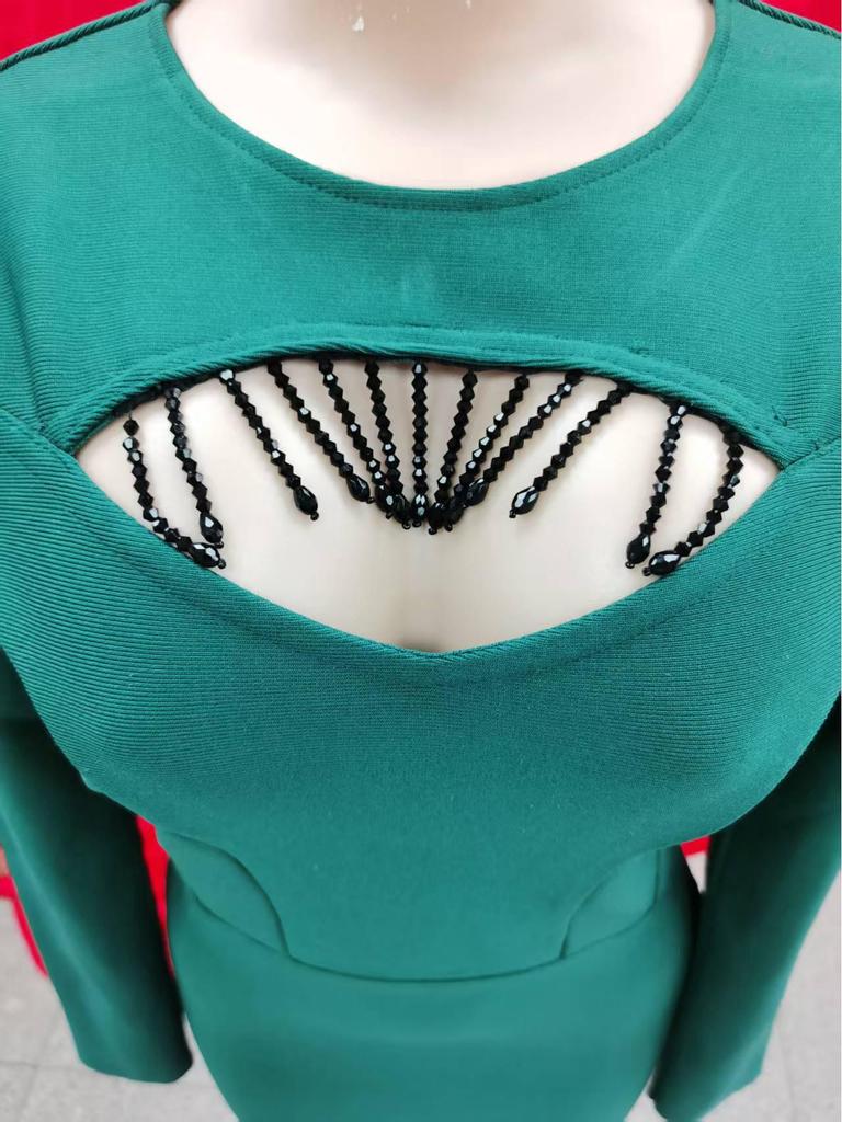 Женское сексуальное облегающее платье-бандаж с бусинами и длинными рукавами с разрезом