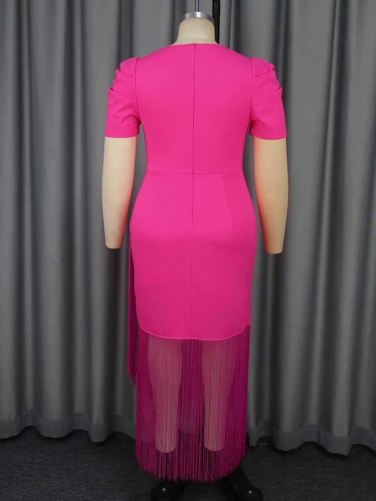 AOMEI Женские длинные платья с бахромой и розовым принтом, с V-образным вырезом, с коротким рукавом, с высокой талией, с пакетом на бедрах, вечерние банкетные платья с кисточками