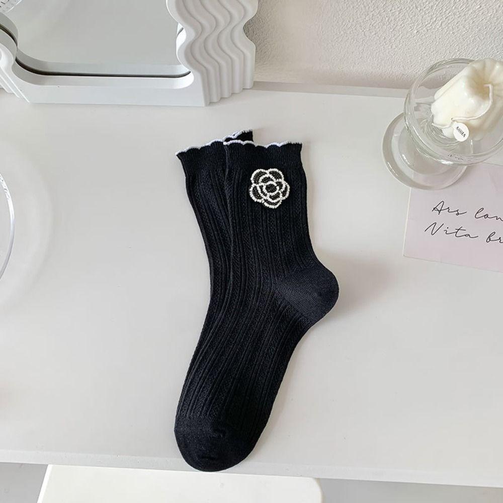 Warm Comfortable Trendy Thick Flower Ruffle Frilly Middle Tube Women Camellia Socks Cotton Hosiery Korean Style Socks