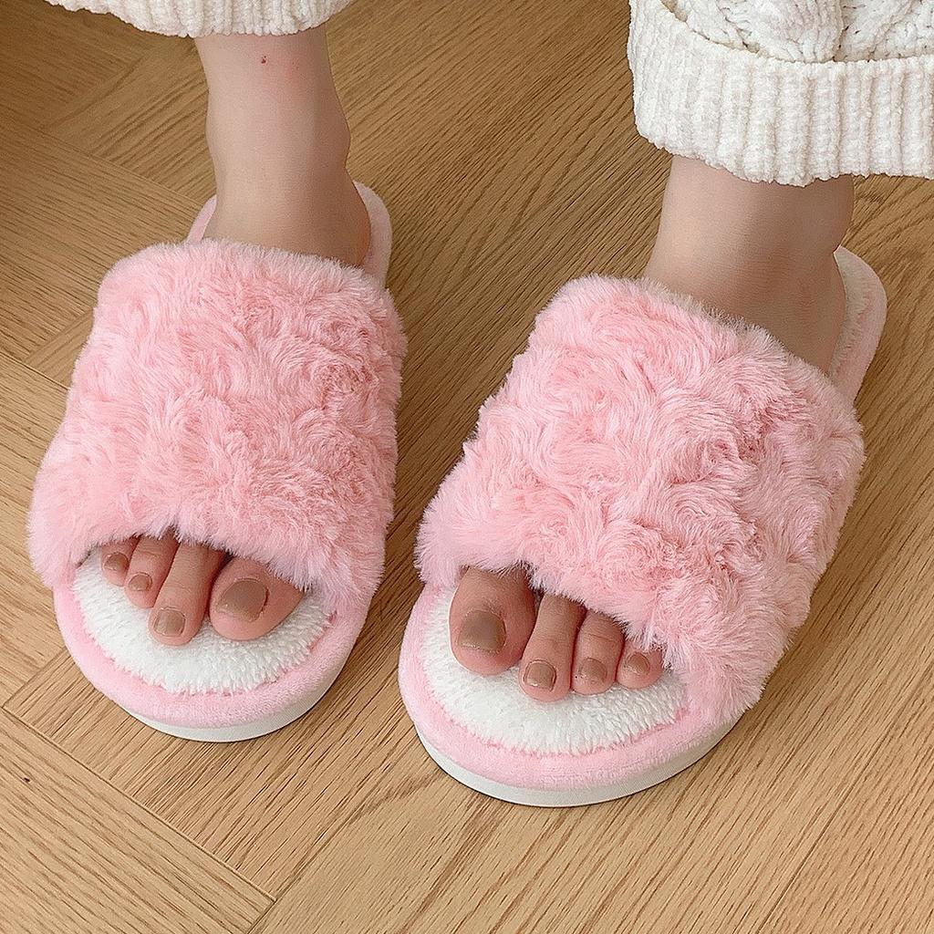 Fashion Popular Open Cotton Slippers Winter Home Fur Slippers Keep Warm Plus Velvet Non-slip Thick-soled Cotton Slippers