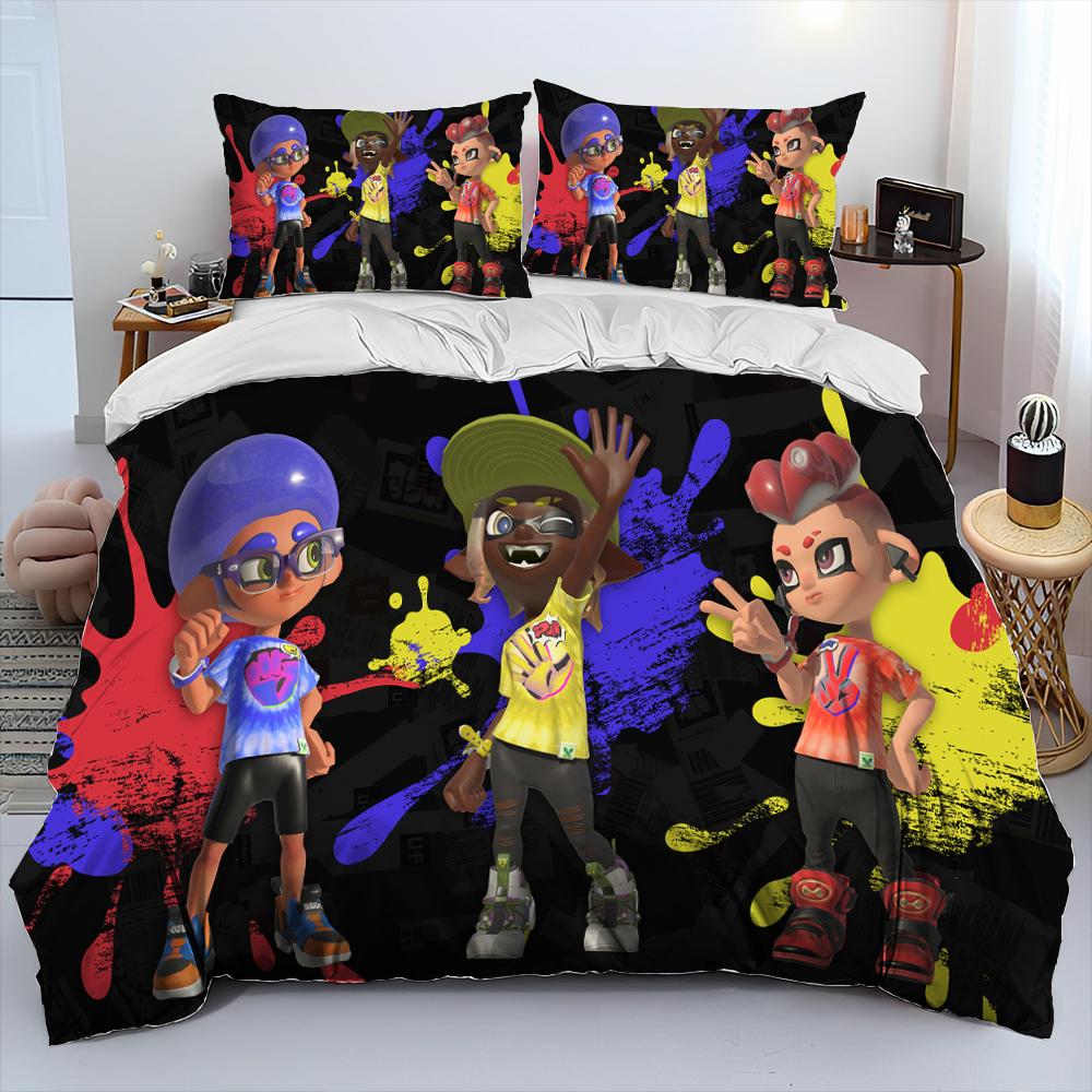 S-Splatoon Game Gamer Cartoon Comforter Bedding Set,Duvet Cover Bed Set Quilt Cover Pillowcase,King Queen Size Bedding Set Kids