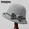 Autumn and Winter Woolen Top Hat Women Rhinestone Bow French Retro Basin Hat Fashion Bucket Hat