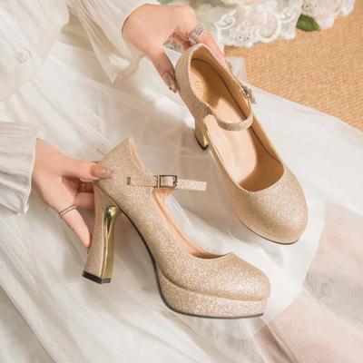 2025Роскошные женские туфли на высоком каблуке, на платформе, Мэри Джейнс, серебристые, золотистые, с блестками, черные, красные, из ткани с пайетками, с острым носком, свадебные, для вечеринки