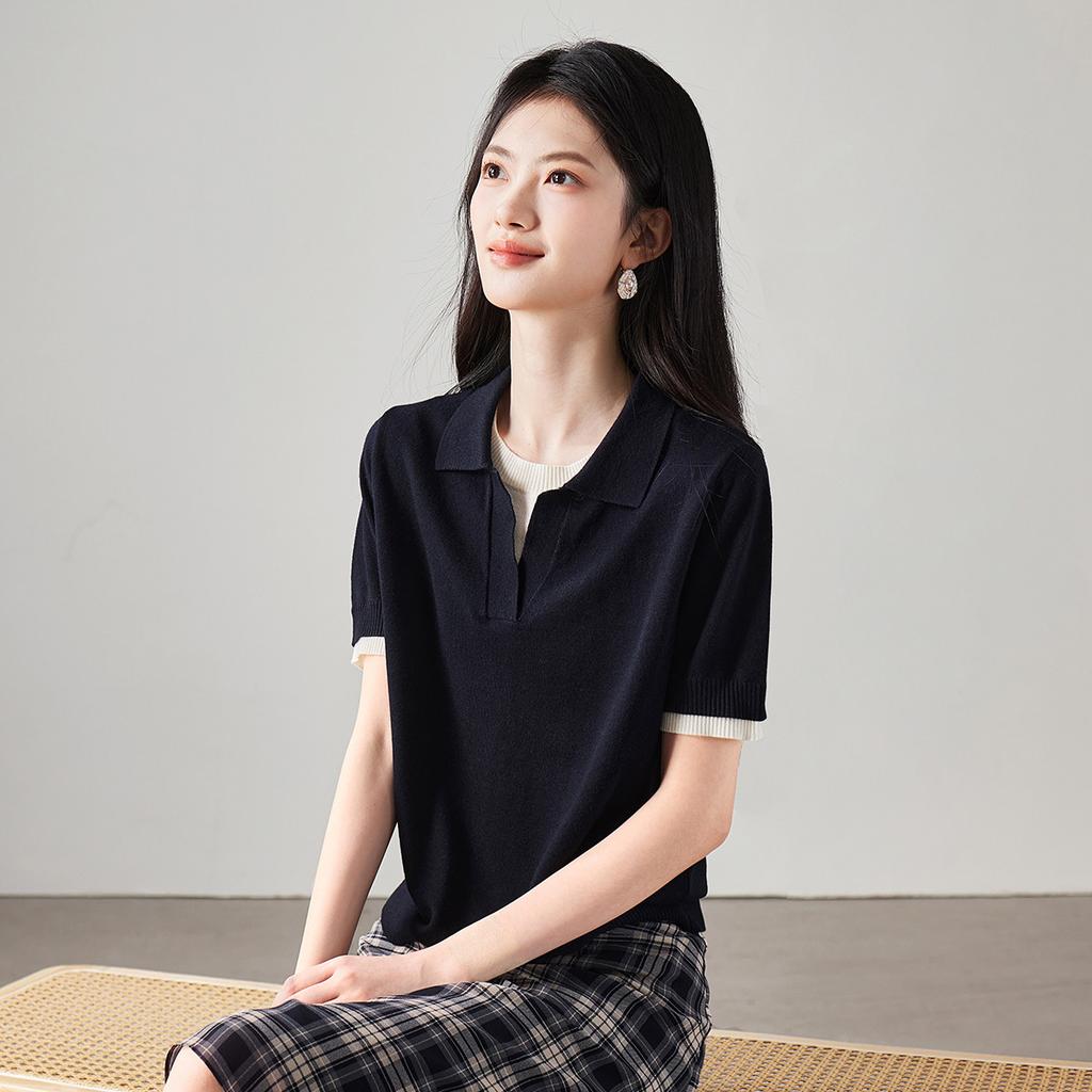 Color blocking fake two piece short sleeved knitted sweater for women in spring 2026, fashionable and versatile, slimming and casual T-shirt top