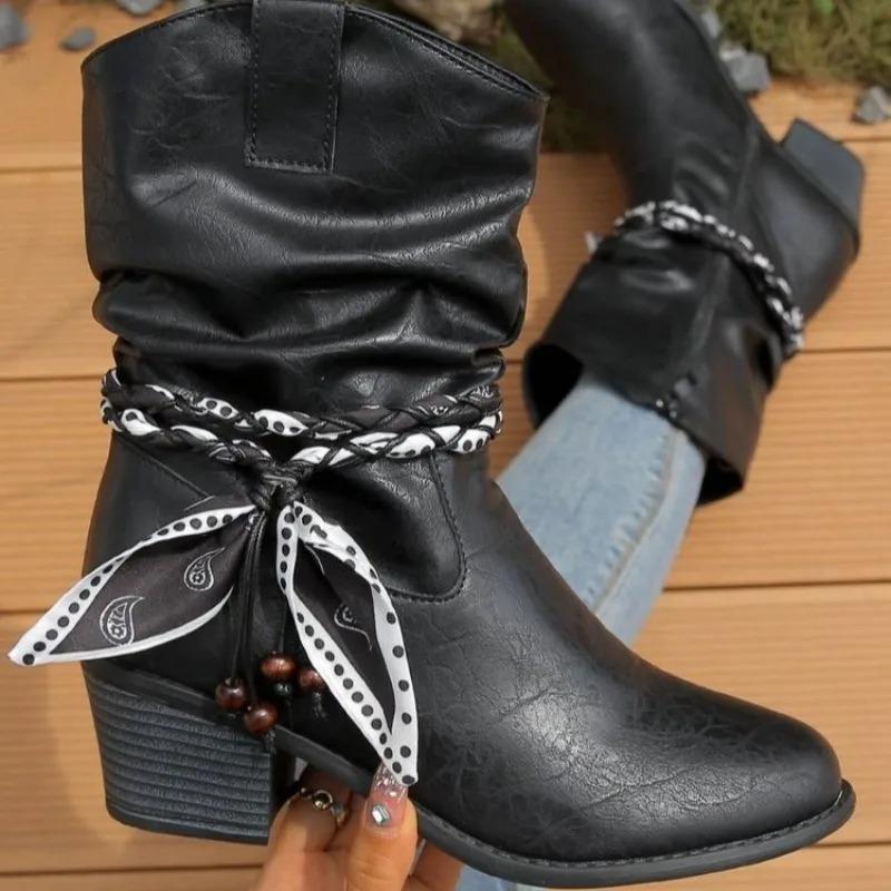 Женские ковбойские ботинки Осень и Зима Боковая молния Высокий каблук Короткие ботинки Ретро Острый носок Массивный каблук Ботильоны для женщин