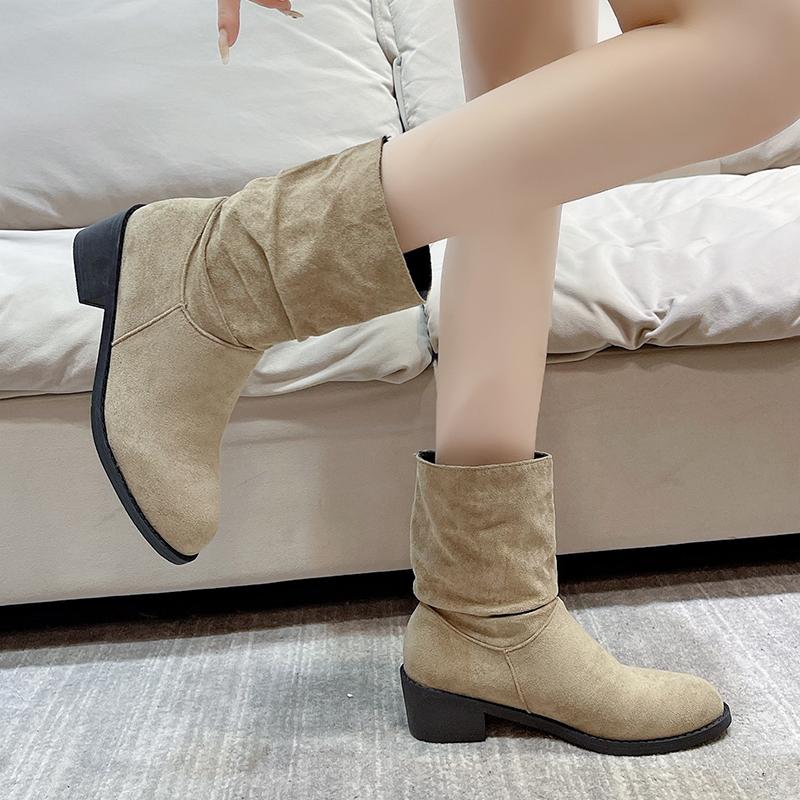 Fashion 2024 Winter Women's New Western Boots Fashionable Thick Heel Slip-on Ankle Boots Women's Outdoor High Heel Mid-calf Boots