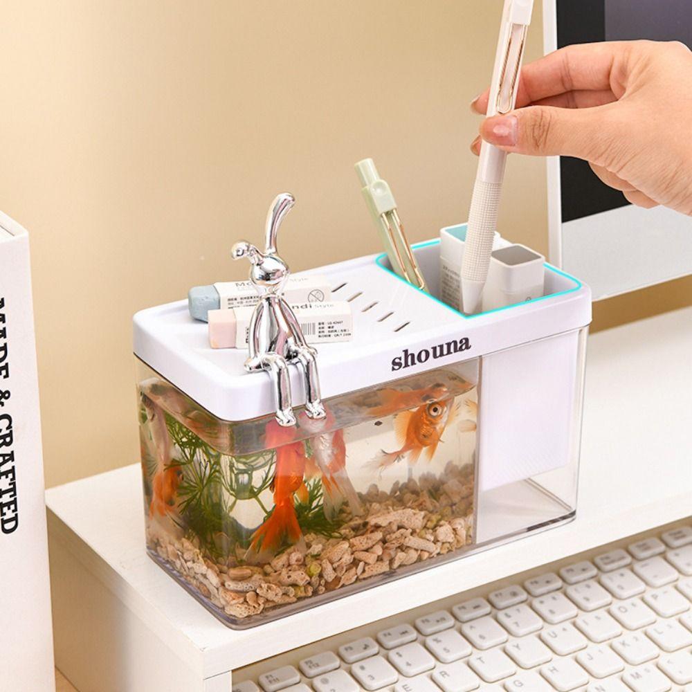 Пластиковый амфибийный экологический аквариум, маленький, с крышкой и украшениями в виде кроликов, многофункциональный прозрачный аквариум для золотых рыбок