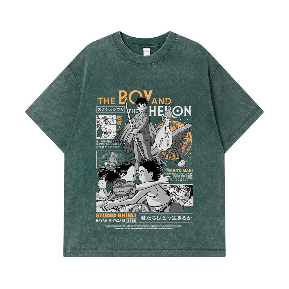 275 GSM Washed T-shirts 100% Cotton Ghibli V3 The Boy The Heron Print Unisex Heavy Cotton T Shirt