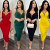 K2868 European & American Backless Deep V Solid Color Dress with Bow and Slit