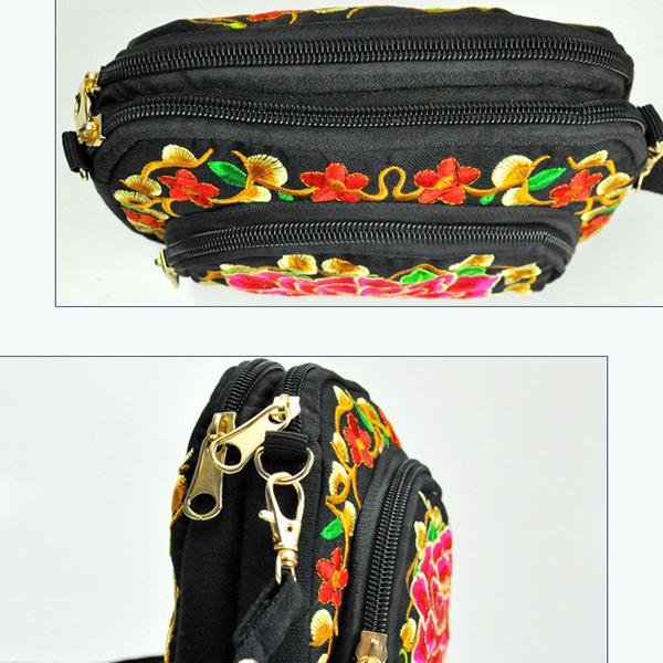 WTEMPO Ethnic Style Flower Bags Women Double-sided Embroidery Canvas Purse Mobile Phone Bag Women's Mini Messenger Bag