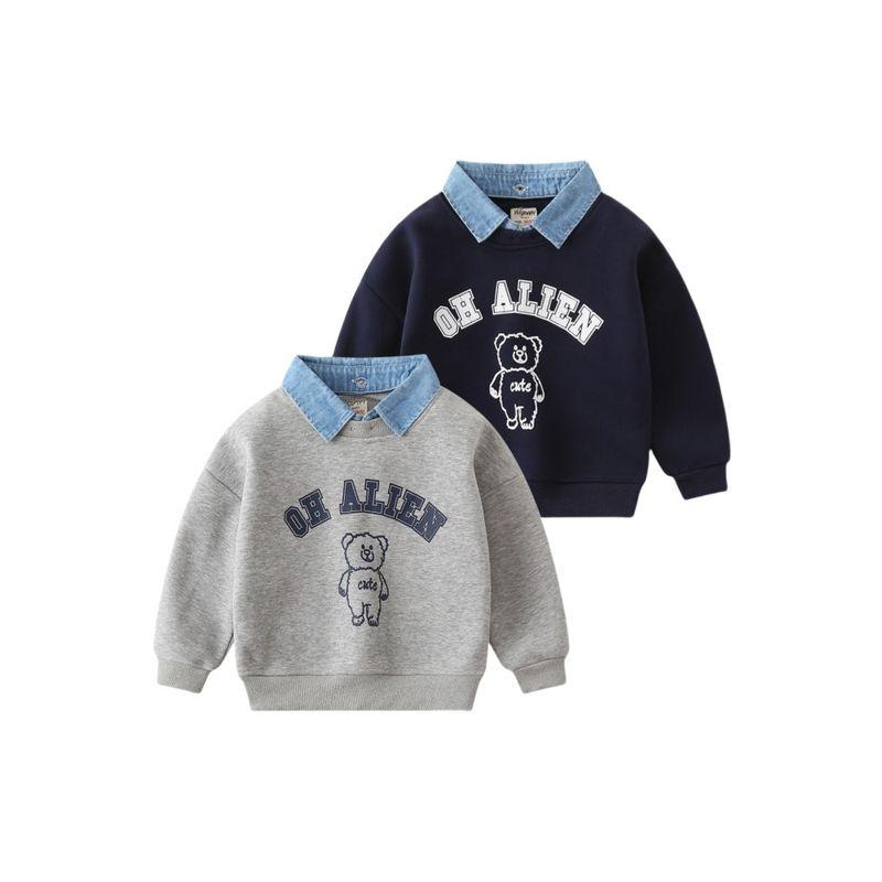Детские свитеры-двойки с флисовой подкладкой Детская одежда Поло с джинсовым воротником для мальчиков Одежда из полярного флиса с отложным воротником для мальчиков