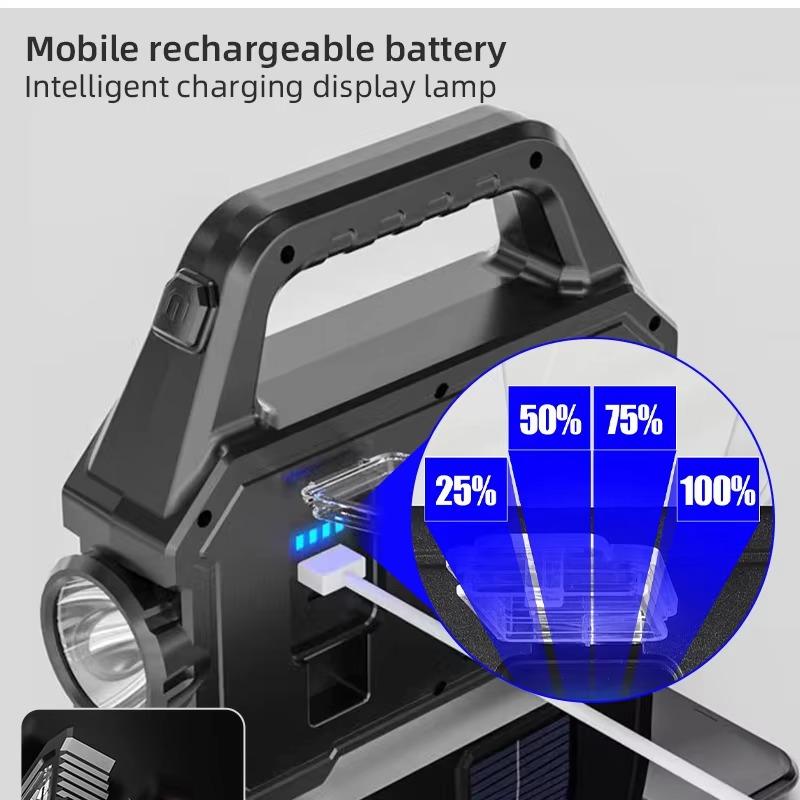 Solar LED Portable Solar Work Lights USB Rechargeable 6 Modes Flashlight Hand-held Searchlight Power Pack COB Camping Torc