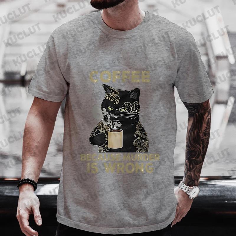 Men's Street Wear Cat Lover Funny Coffee Because Murder Print T-shirt Short Sleeve O-neck Streetwear Summer T Shirts Men