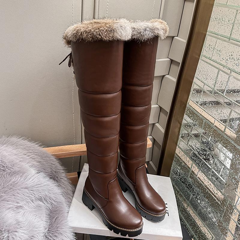 Женские длинные сапоги на высоком каблуке, новые зимние теплые зимние сапоги, большие плюшевые женские сапоги из однотонной кроличьей шерсти
