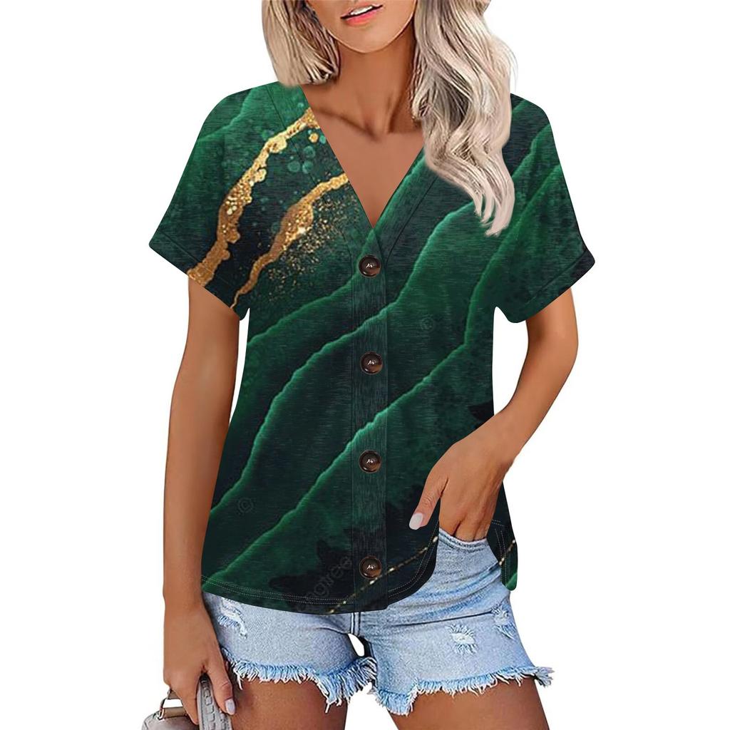Женская модная футболка с короткими рукавами и V-образным вырезом, цветным принтом в стиле пэчворк, на пуговицах