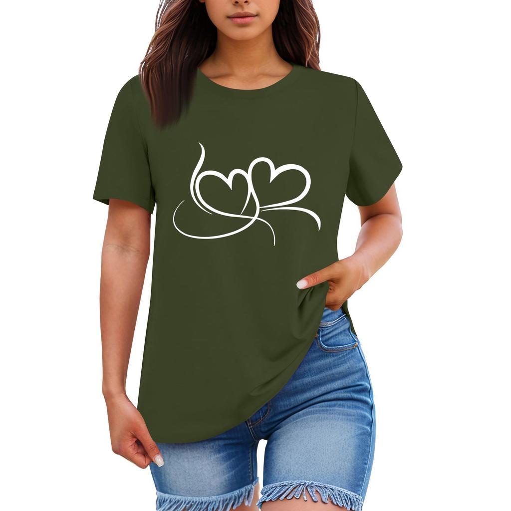 Ladies' Loose Comfortable Casual Fashionable Heart Pattern Printed Round Neck Short Sleeved Shirt