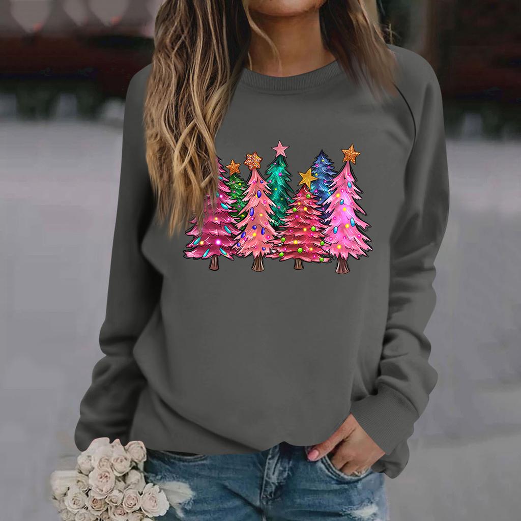 Женские футболки, свободные, модные и повседневные толстовки с круглым вырезом и длинными рукавами с рождественским принтом