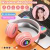 Bluetooth 5.0 Headphone with Microphone Cute Cat Ear Wireless/Wired Foldable Headphone Bass RGB Breathing Light for Boys/Girls