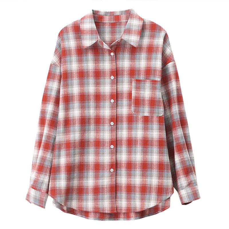 Женская рубашка с длинным рукавом из чистого хлопка в клетку - Осенняя блузка для мамы 2024 года, идеально подходит для весны и осени.