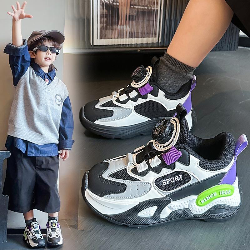 Breathable running shoes for boys, athletic shoes for girls, new autumn styles, children's shoes with rotating buckles, and chunky sneakers for older