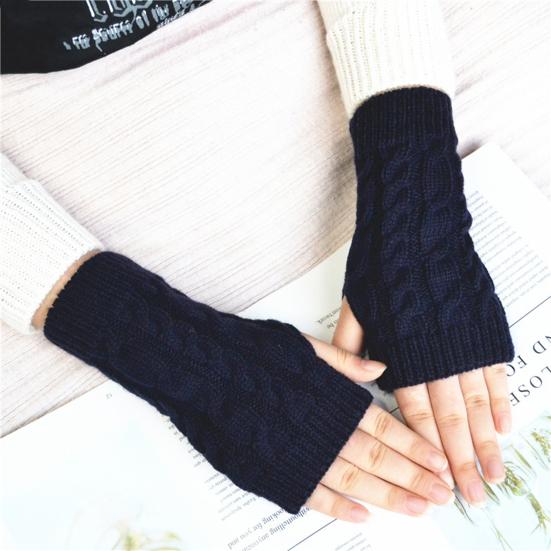 1 Pair Women Winter Gloves Crochet Knitting Mittens Warm Half Fingers Solid Color Elastic Anti-slip Gloves Twist Pattern Women