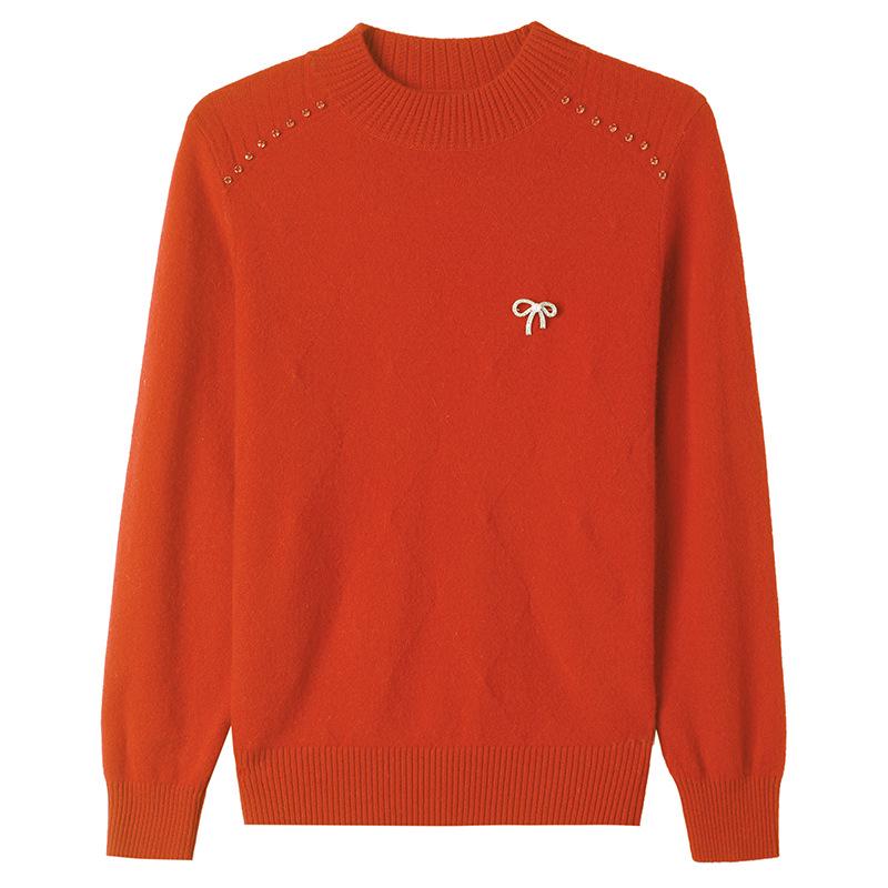 Stylish Women's Beaded Wool Sweater: Solid Color, Half-High Neck Pullover