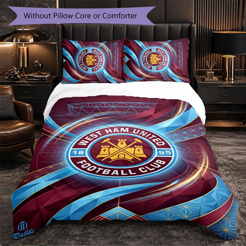 West Ham United Football 3 Piece Bedding Set Soft Duvet Cover Set with Pillowcases Printed Bedroom Decor Set for Home