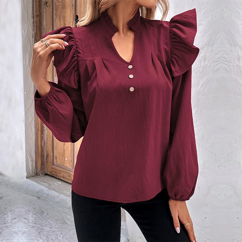YYFS Women's Fashion Casual Solid Color Print Long Sleeve V-Neck Blouses & Shirts