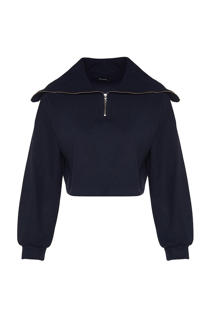 Women's Fashionable Stylish Sweatshirt Emerald Green Thessaloniki Knitwear Look Polo Neck Zippered Regular Knitted Sweatshirt