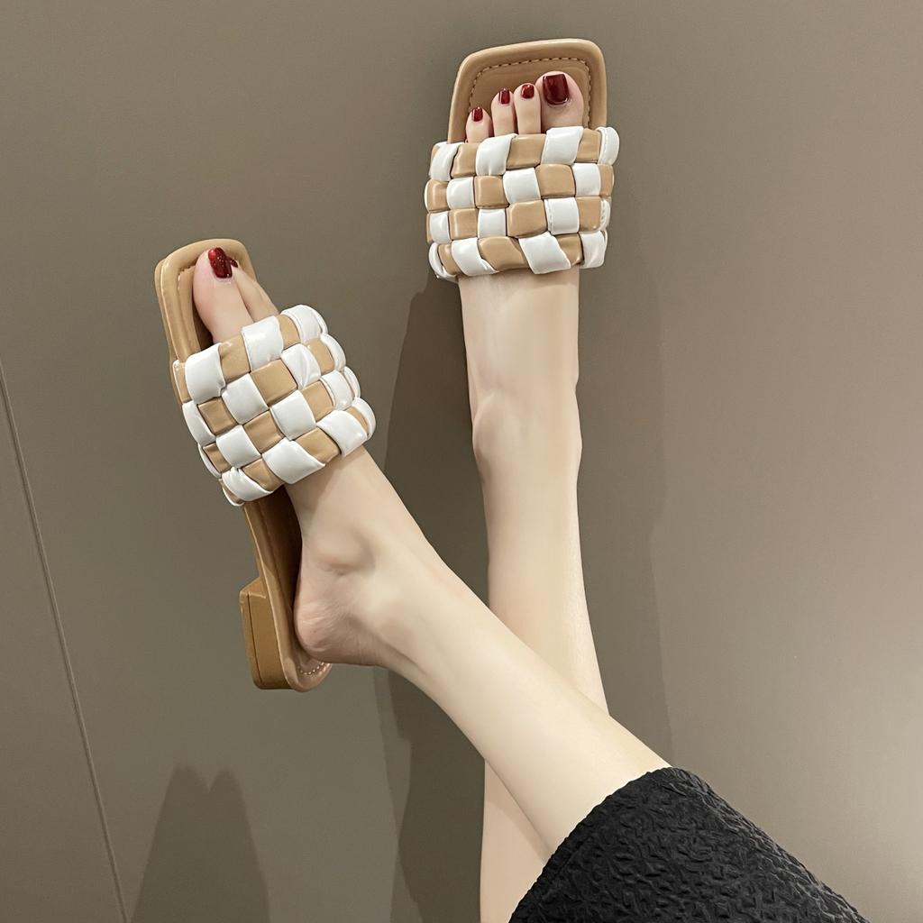 2024 New Summer Women's Slippers Fashion Woven Checkerboard Sandals Open Toe Women Sandals Square Toe Flat Casual Shoes Slippers