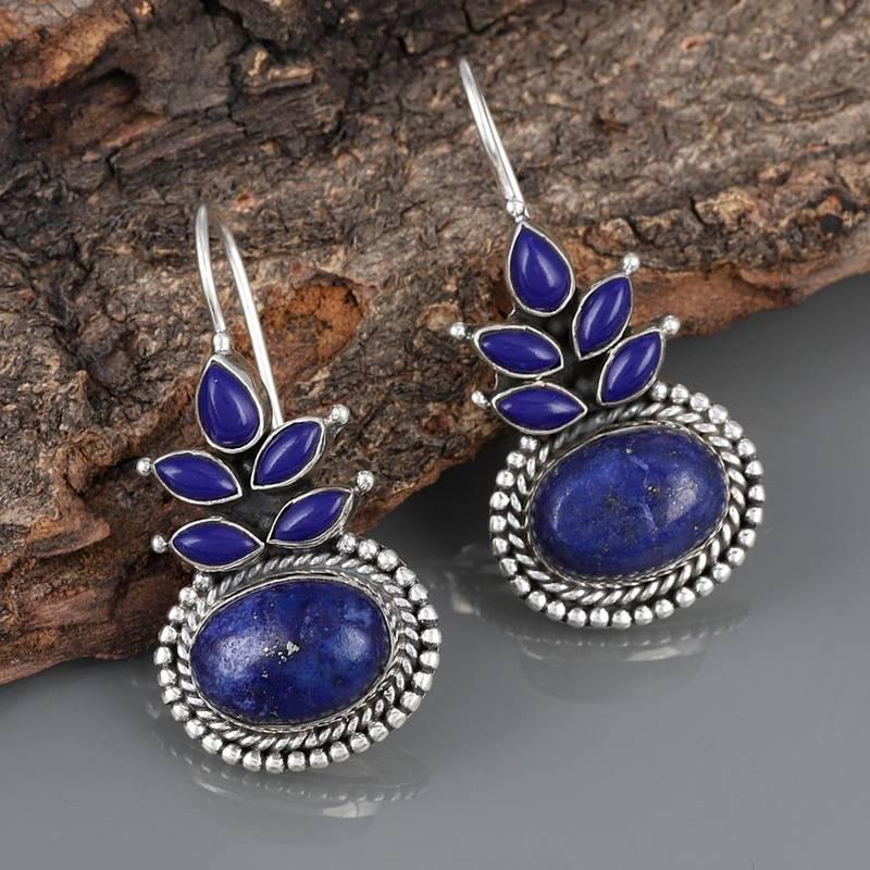 Ethnic Round Lapis Lazuli Earring Vintage Jewelry Water Droplets Dangle Earrings for Women