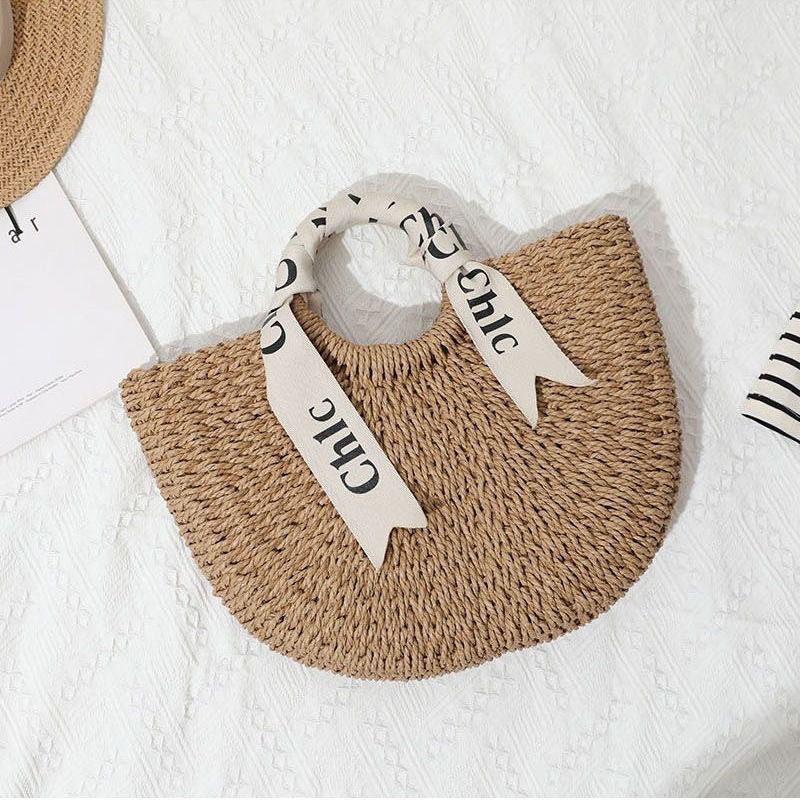 (Khaki trumpet) New one-shoulder handbag straw woven tote bag