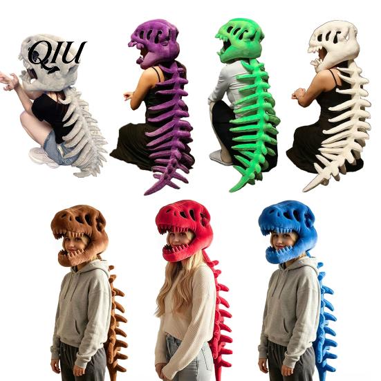 Reusable Halloween Decor Dinosaur Skeleton Costume, 3D Spinosaurus Skull Masque Headpiece And Spine, Home Plush Hood Costume for Halloween,