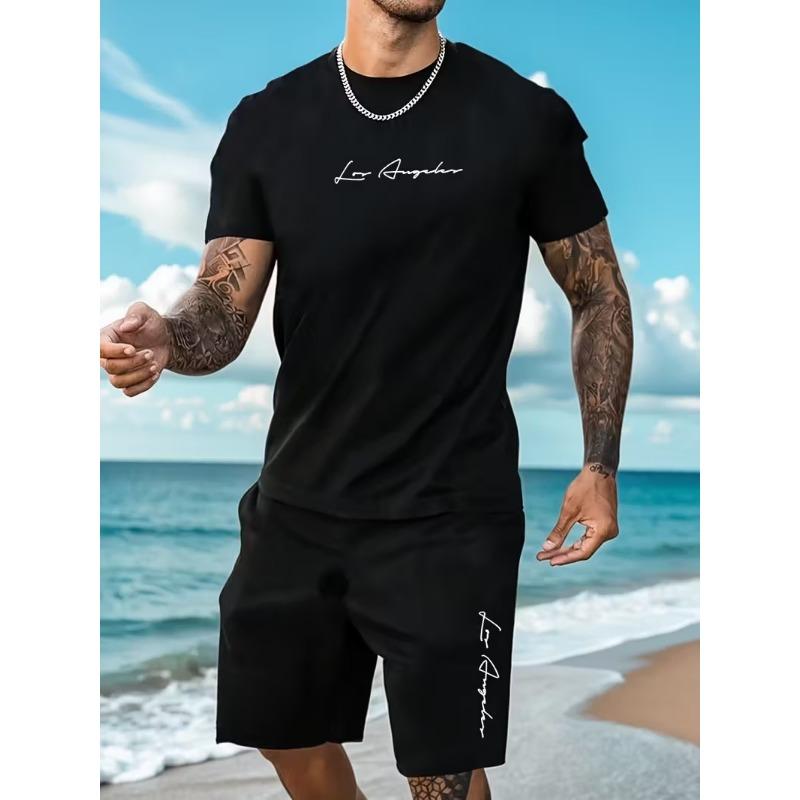 2025 Простой Повседневный Мужской Комплект из 2 предметов: Футболка и Шорты Большого Размера Свободный Спортивный Комплект с Короткой Рукавой и Шортами Мужская Одежда для Отпуска