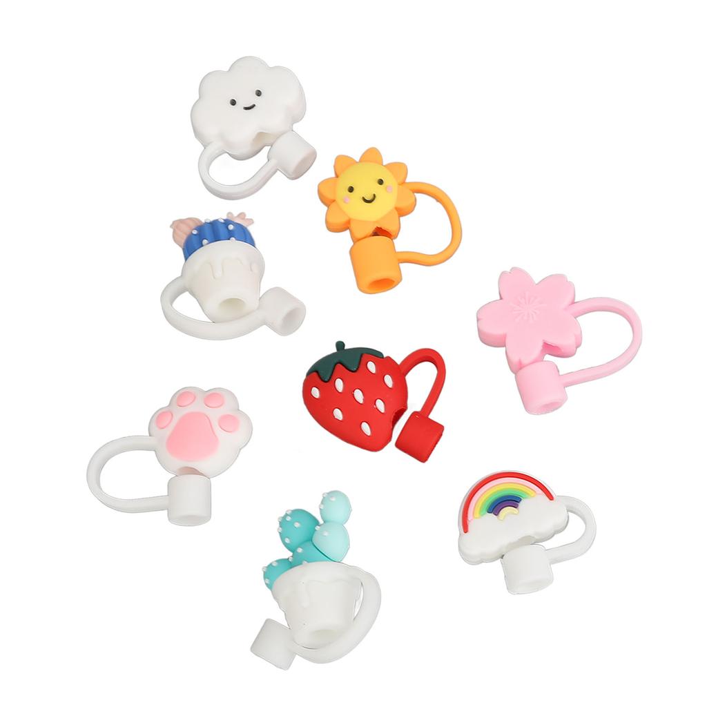 8pcs Straw Covers Silicone Cute Cartoon Design Dustproof Reusable Portable Drinking Straw Covers