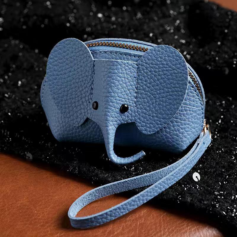 Exquisite Elephant Print PU Leather Money Bag for Women; Coin Purse with Key Ring and Zipper Pocket