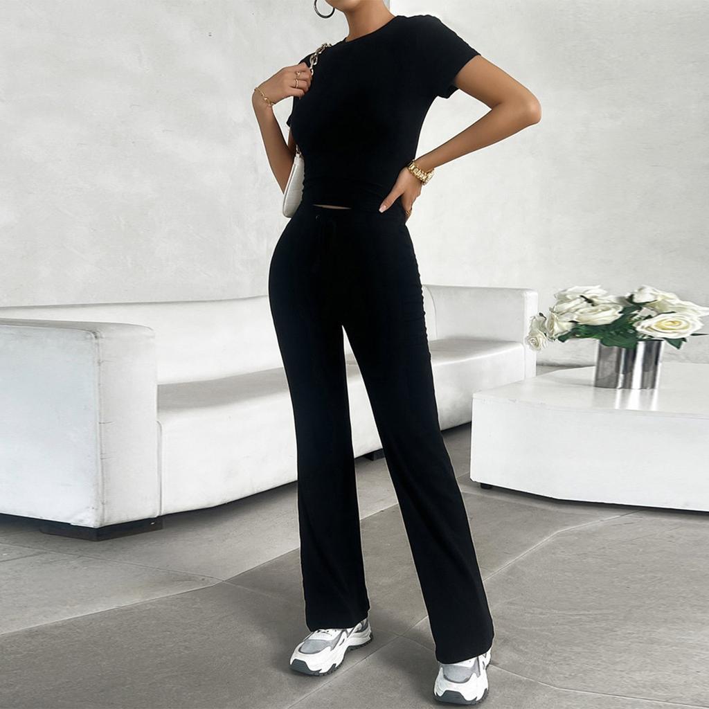 Летний темпераментный однотонный повседневный модный комплект с круглым вырезом