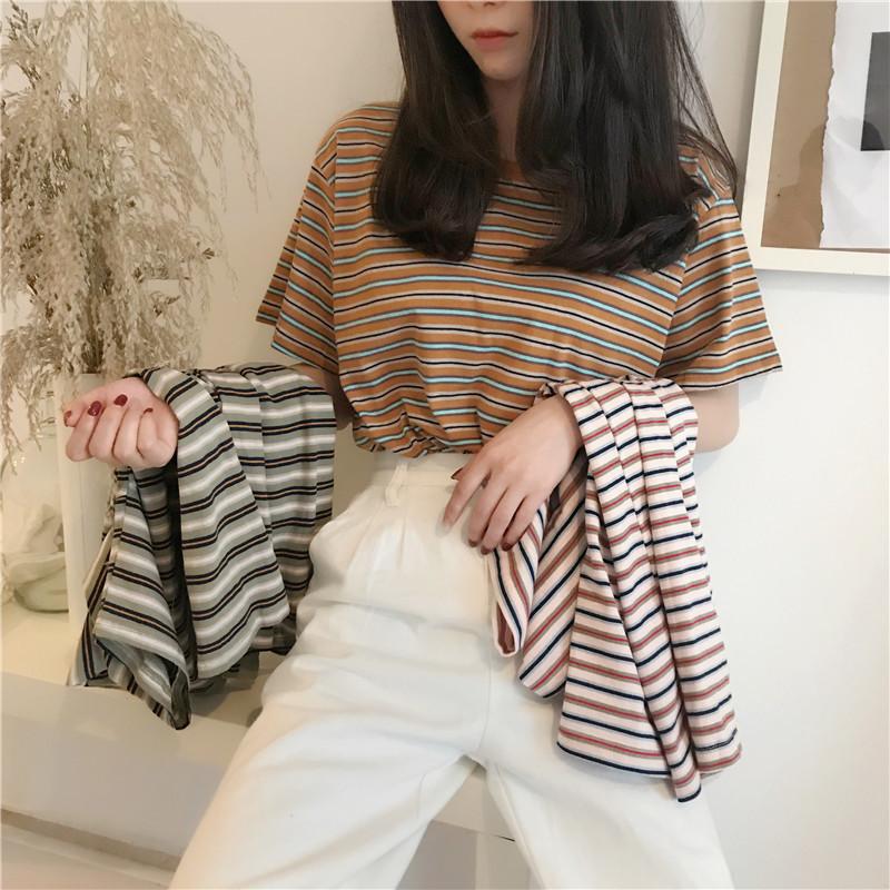 Women's Crew Neck Short Sleeve T Shirt Loose Fit Casual Stripe Print Basic Top Summer Daily Blouse