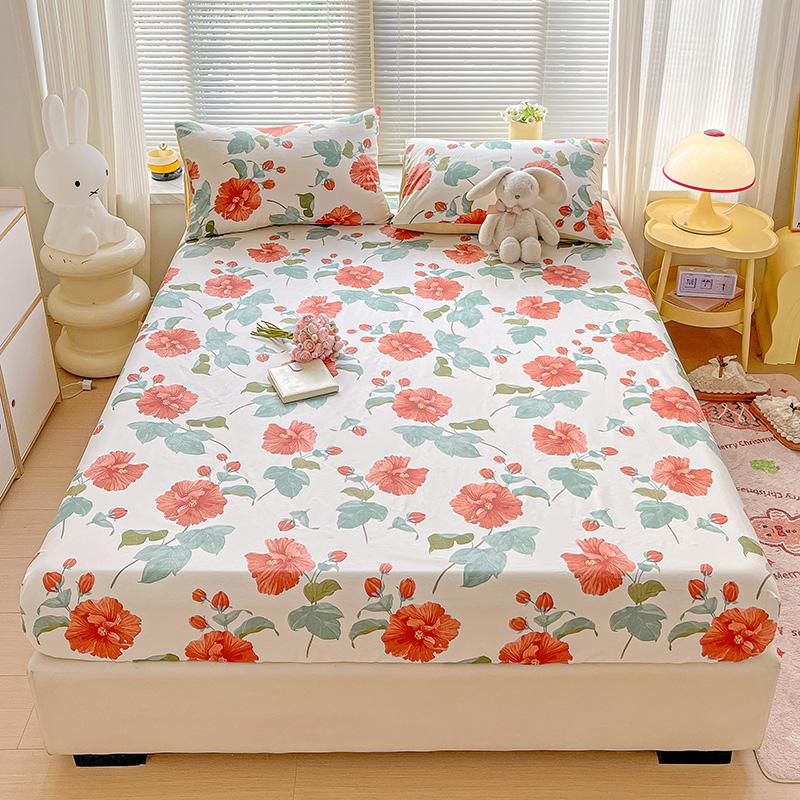 White Flower Print 100% Cotton Fitted Sheet Set Deep Pocket Elastic Mattress Cover with Pillowcases Soft Breathable Bedding Set