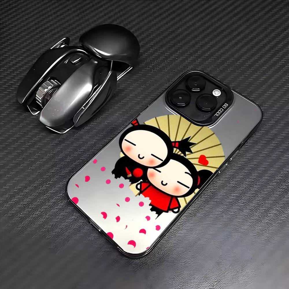 Cartoon P-Pucca G-Garu Cute Phone Case For iPhone17,16,15,14,13,12,11 Plus,Pro Max Colored Silver Plated Inside Cover