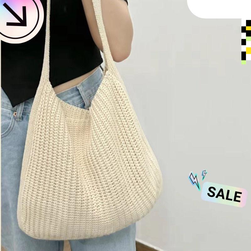 Вязаная сумка-тоут на плечо для женщин - Плетеная повседневная сумка для покупок для поездок на работу большой вместимости