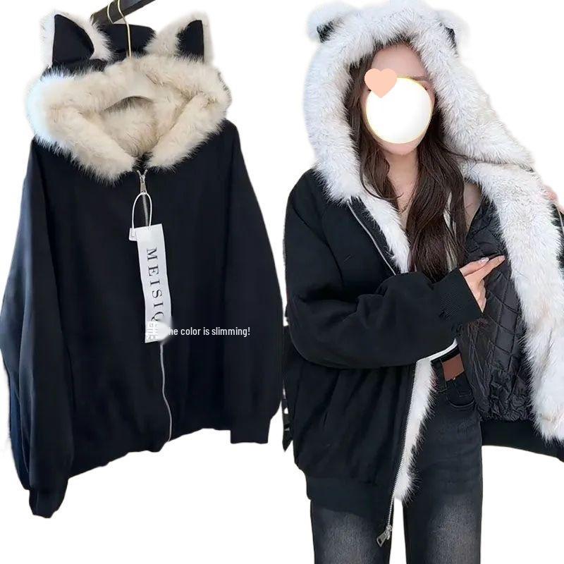 Унисекс Ретро Хлопковая Куртка с Кошачьими Ушками - Теплая, С Капюшоном и Модная Зимняя Одежда